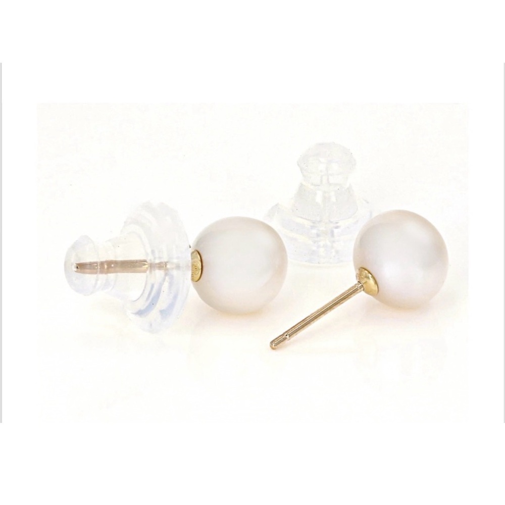 14k Karat Yellow Gold Genuine White Cultured Freshwater Pearl Stud Earrings 7mm - Picture 4 of 4